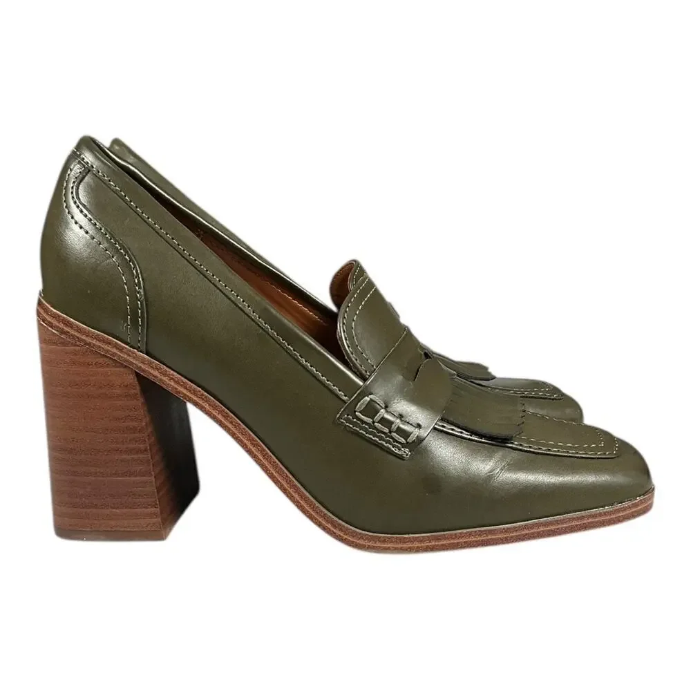 Marc Fisher Olive Green Chunky Heel Loafer Pumps Size 7.5 Fringe Preppy Block